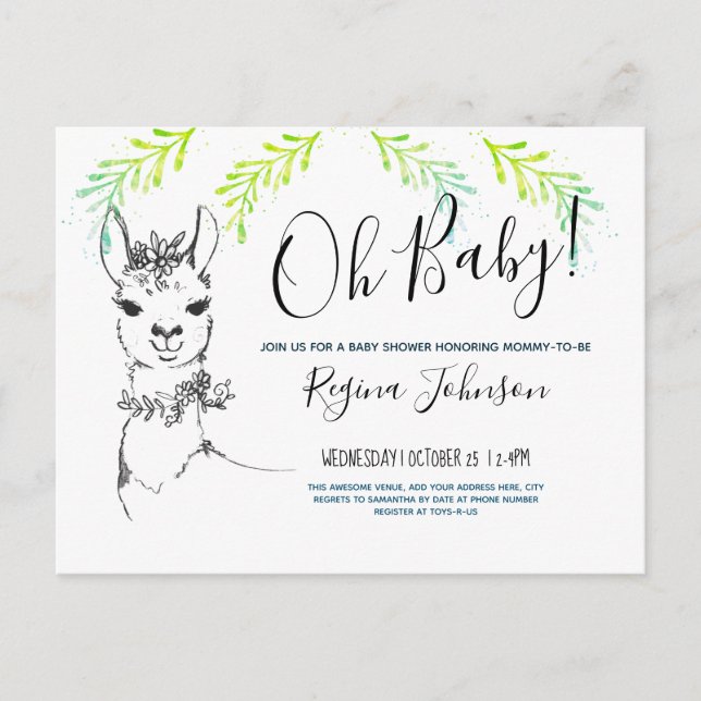 Oh Baby Shower Girl Cute llama Vykort (Framsida)