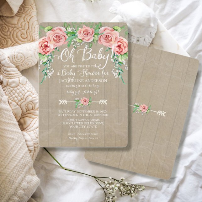 Oh Baby Shower Girl Flower Krona Barn Wood Boards Inbjudningar (Skapare uppladdad)