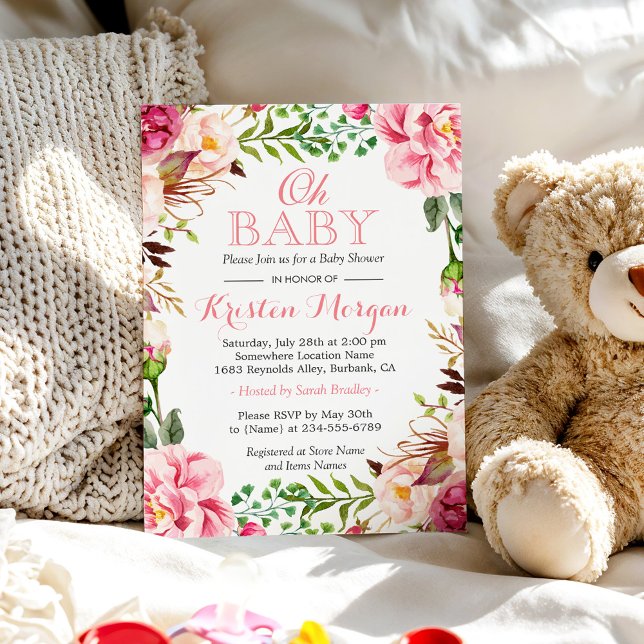 Oh Baby Shower Girly Elegant Chic Rosa Flowers Inbjudningar (Skapare uppladdad)