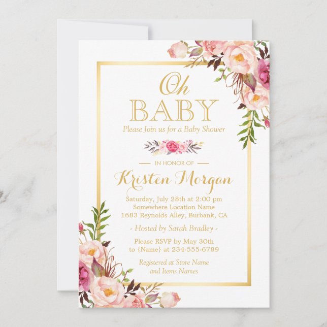 Oh Baby Shower Gracful Chic Blommigt Guld Ram Inbjudningar (Framsida)