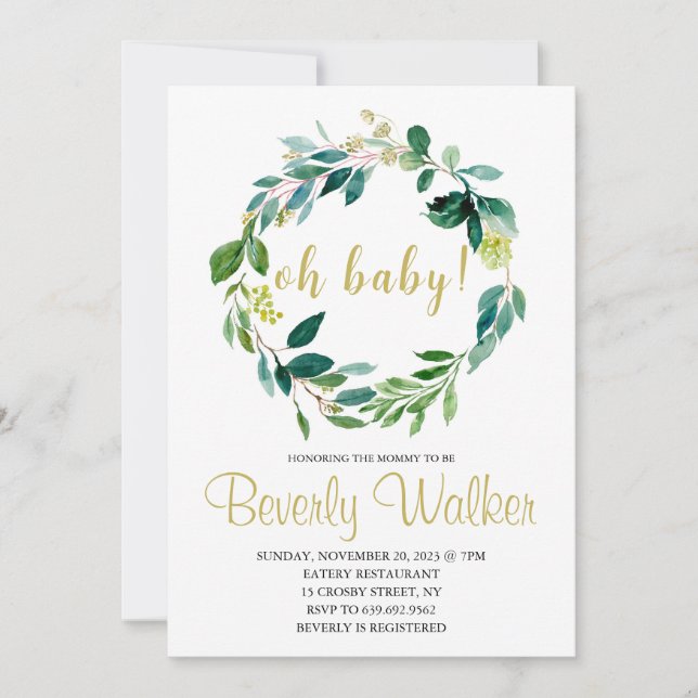 Oh Baby Shower Grönt Blommigt Inbjudningar (Framsida)