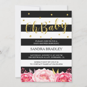 Oh Baby Shower Guld Glitter Dots Blommigt Rand Inbjudningar