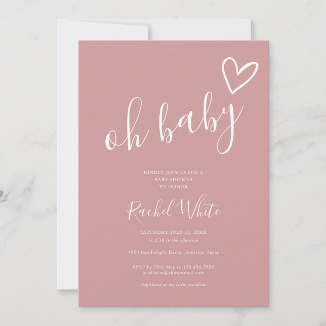 Oh Baby Shower Heart Dusty Ro Rosa minimalist Inbjudningar (Framsida)