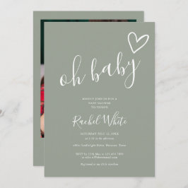 Oh Baby Shower Heart Sage Grönt Neutralt Photo Inbjudningar