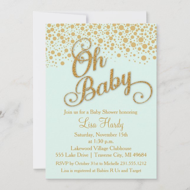 Oh Baby Shower-inbjudan | Mint och Guld Glitter Inbjudningar (Framsida)