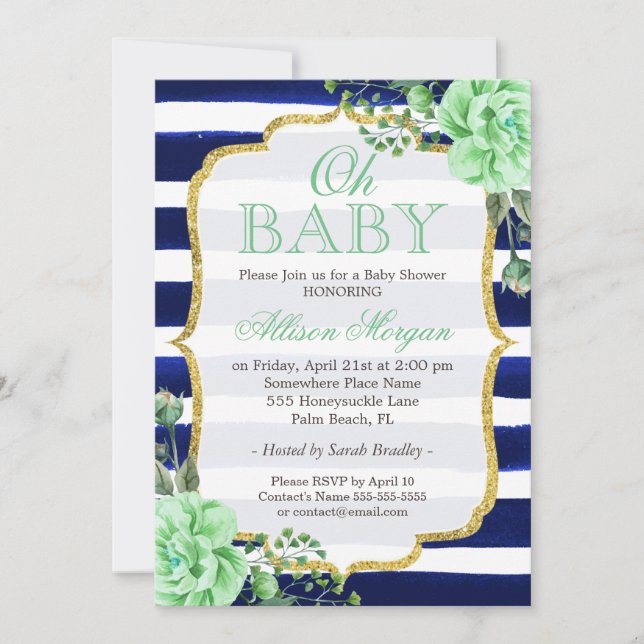 Oh Baby Shower Mint Blommigt Guld Navy Rand Inbjudningar (Framsida)