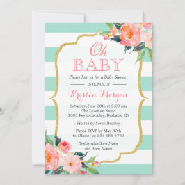 Oh Baby Shower Mint Grönt Rand Rosa Blommigt Inbjudningar