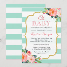 Oh Baby Shower Mint Grönt Rand Rosa Blommigt Inbjudningar