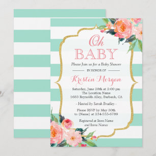 Oh Baby Shower Mint Grönt Rand Rosa Blommigt Inbjudningar