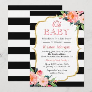 Oh Baby Shower Modern Blommigt Guld Ram Rand Inbjudningar