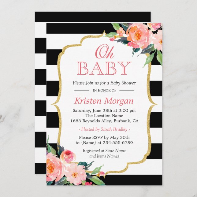 Oh Baby Shower Modern Blommigt Guld Ram Rand Inbjudningar (Fram/baksida)