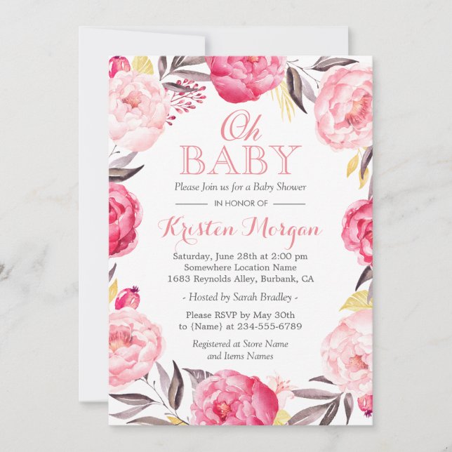 Oh Baby Shower Romantic Botanic Blommigt Wandeand Inbjudningar (Framsida)