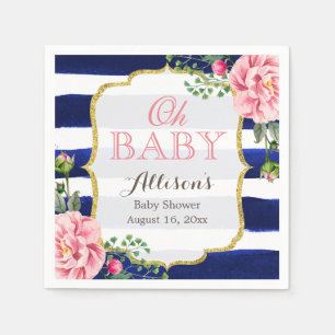 Oh Baby Shower Rosa Blommigt Navy Blue Rand Pappersservett