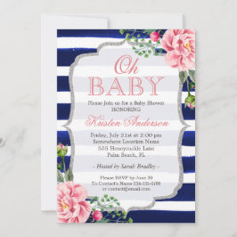 Oh Baby Shower Rosa Blommigt Silver Navy Blue Rand Inbjudningar