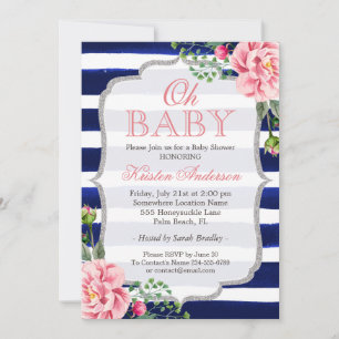 Oh Baby Shower Rosa Blommigt Silver Navy Blue Rand Inbjudningar