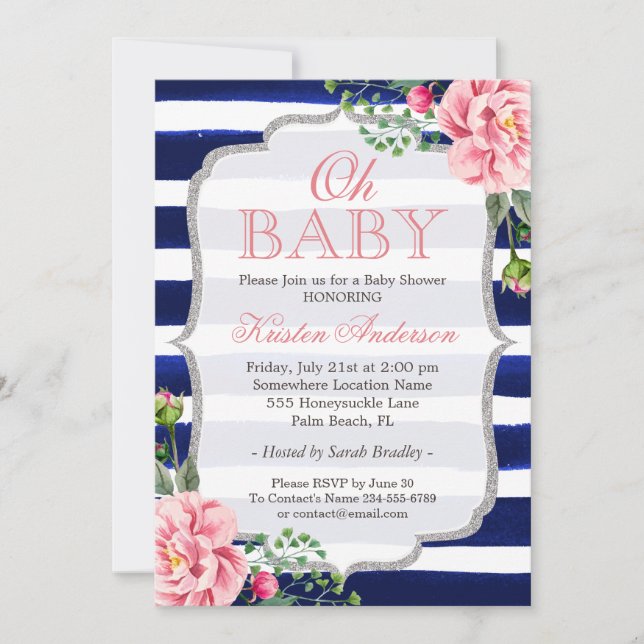 Oh Baby Shower Rosa Blommigt Silver Navy Blue Rand Inbjudningar (Framsida)