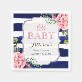 Oh Baby Shower Rosa Blommigt Silver Navy Rand Pappersservett