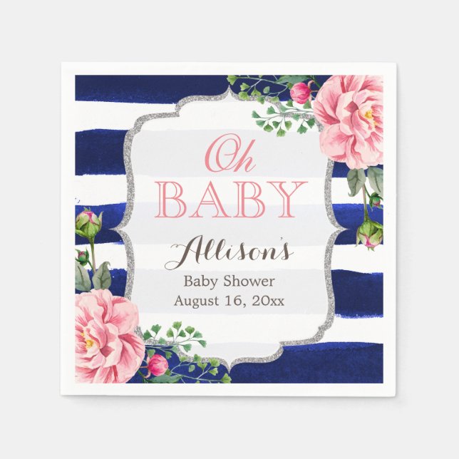 Oh Baby Shower Rosa Blommigt Silver Navy Rand Pappersservett (Framsidan)