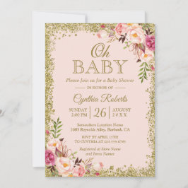 Oh Baby Shower - Rosa Guld Glitter Blommigt Inbjudningar