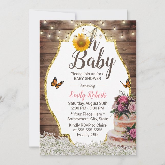 Oh Baby Shower Rustic Blommigt Cake Solros Inbjudningar (Framsida)