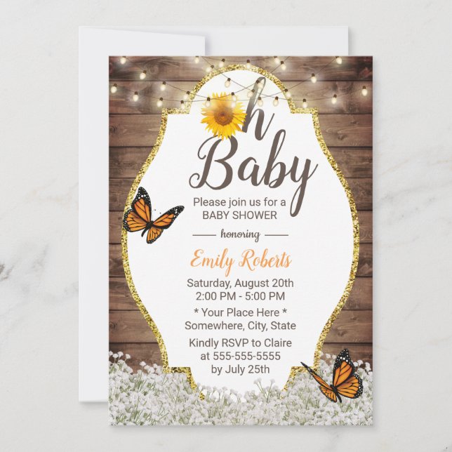 Oh Baby Shower Rustic Blommigt Sunblommor Butterfl Inbjudningar (Framsida)