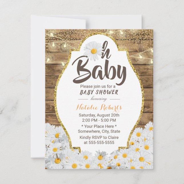 Oh Baby Shower Rustic Daisy Flowers String Ljus Inbjudningar (Framsida)