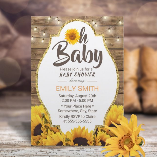 Oh Baby Shower Rustic Sunblommor & String Ljus Inbjudningar (Skapare uppladdad)