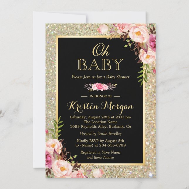Oh Baby Shower Shiny Guld Glitter Sparkles Blommig Inbjudningar (Framsida)