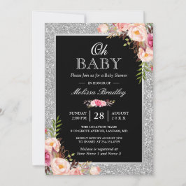 Oh Baby Shower Silver Glitter Sparkles Rosa Blommi Inbjudningar