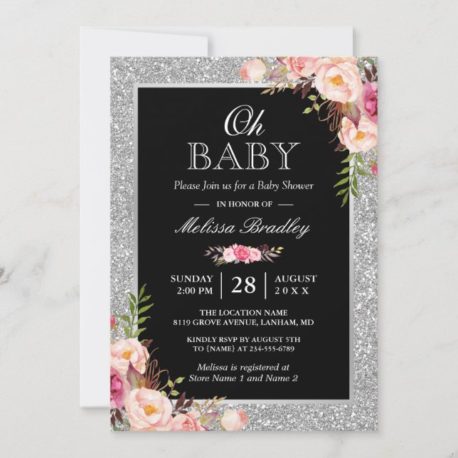Oh Baby Shower Silver Glitter Sparkles Rosa Blommi Inbjudningar (Framsida)
