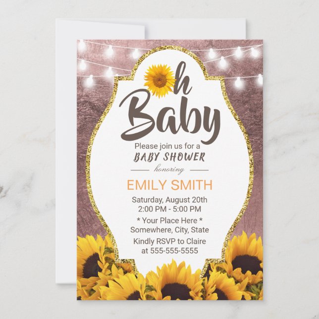 Oh Baby Shower Sunblommor String Ljus Ro Guld Inbjudningar (Framsida)