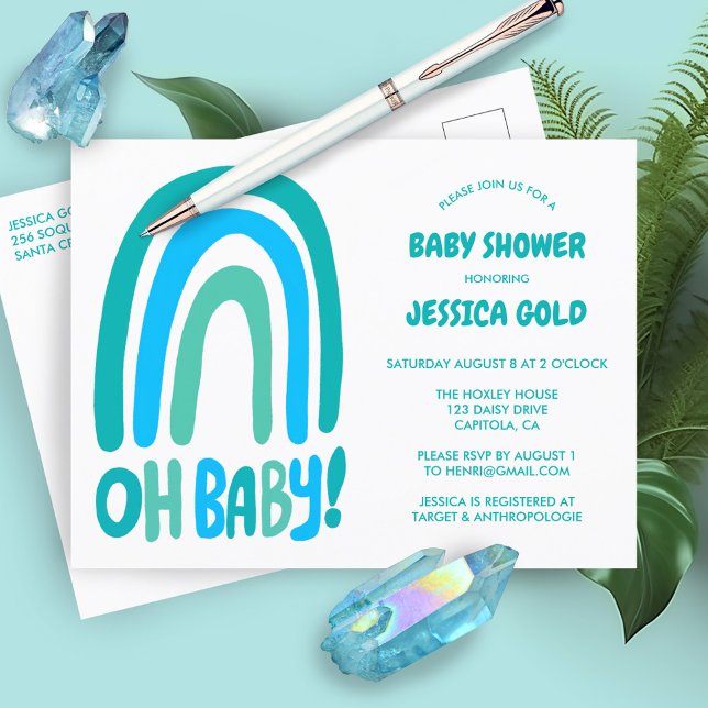 OH BABY SHOWER Sweet Blue Rainbow ANPASSNINGSBAR Inbjudan Vykort (OH BABY SHOWER Sweet Blue Rainbow CUSTOM Invitation Postcard Baby Shower Baby SPrinkle Cute)