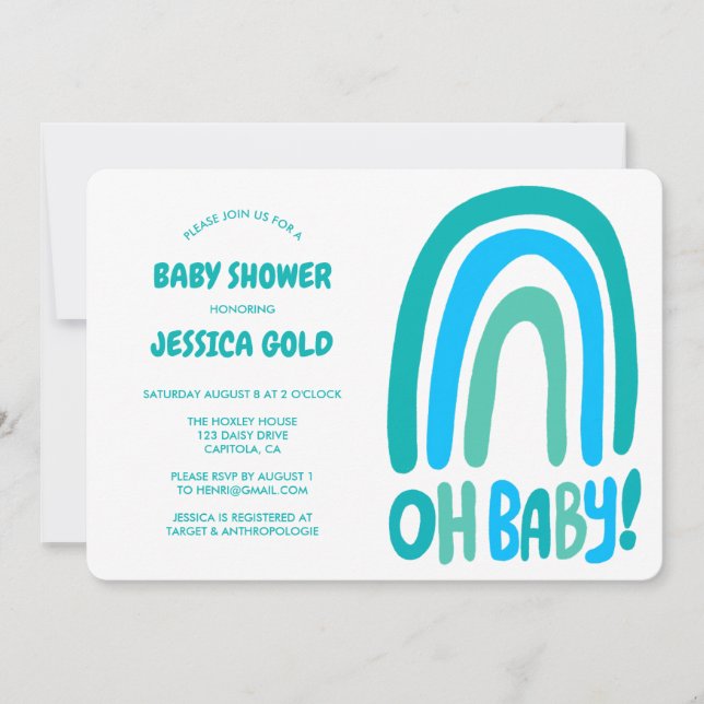 OH BABY SHOWER Sweet Blue Rainbow ANPASSNINGSBAR Q Inbjudningar (Framsida)