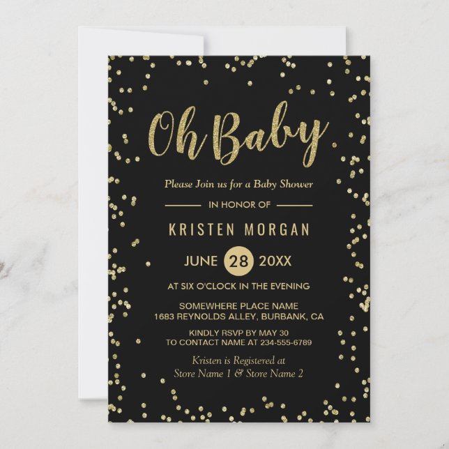 Oh Baby Shower Trendig Black Guld Glitter Dots Inbjudningar (Framsida)