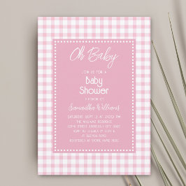 Oh Baby Simple Retro Rosa Gingham Girl Baby Shower Inbjudningar