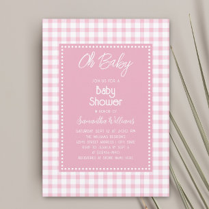 Oh Baby Simple Retro Rosa Gingham Girl Baby Shower Inbjudningar