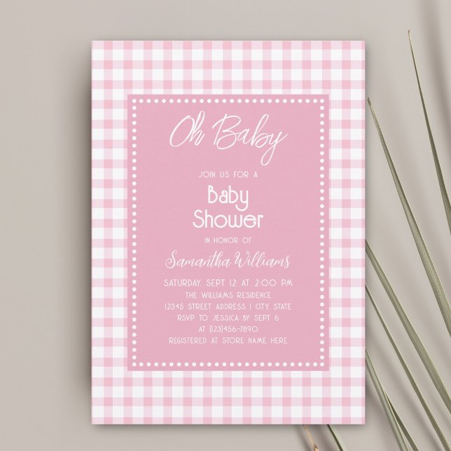 Oh Baby Simple Retro Rosa Gingham Girl Baby Shower Inbjudningar (Skapare uppladdad)