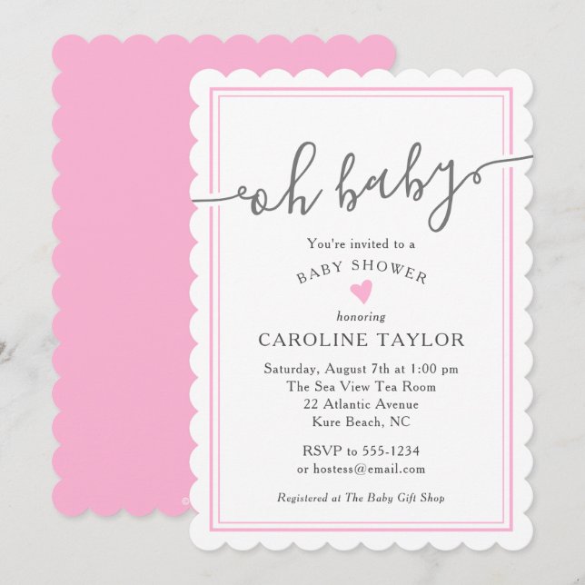 Oh Baby Simple Rosa Heart Girl Baby Shower Inbjudningar (Fram/baksida)