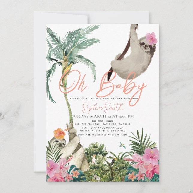Oh Baby Sloth Blommigt Jungle Girl Baby Shower Inbjudningar (Framsida)