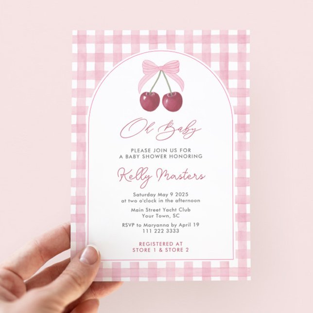 Oh Baby Söt Rosa Cherries Girl Baby Shower Inbjudningar (She's the cherry on top! Pretty pink gingham & cherries baby shower invitation for girl with arch)