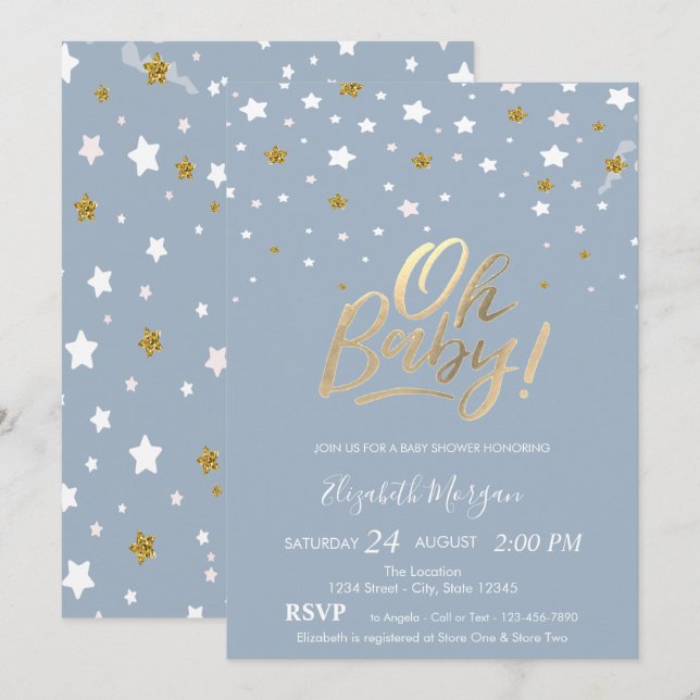 Oh Baby Stars Dusty Blue Baby Shower Inbjudningar (Fram/baksida)