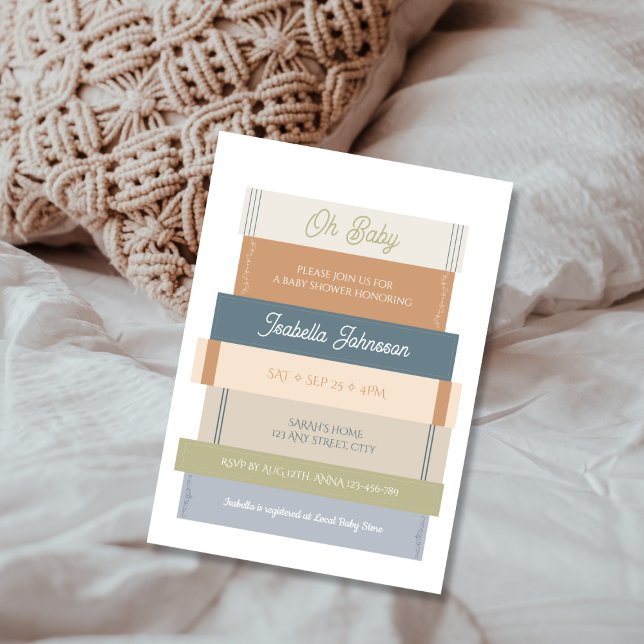 Oh Baby Storybook Stack Bok Älskare Baby Shower Inbjudningar (Oh Baby Storybook Stack Book Lover Baby Shower Invitation GENDER NEUTRAL EARTHLY TONES)