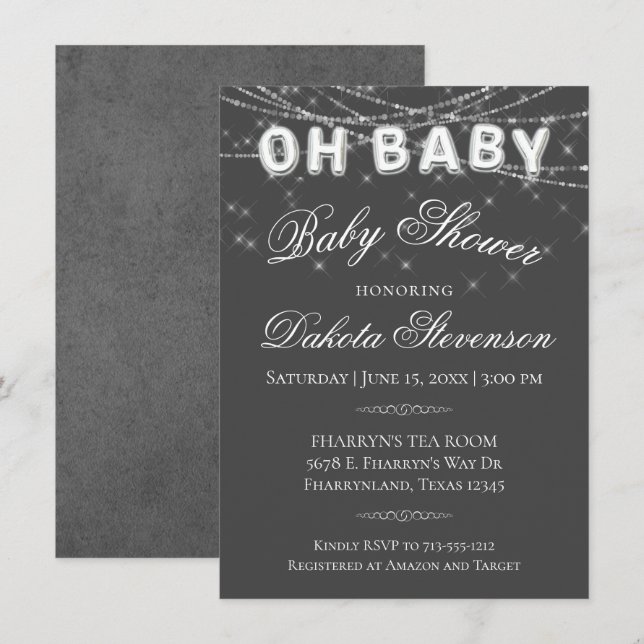 Oh Baby String Light | Mörk Grått Ballon Shower Inbjudningar (Fram/baksida)