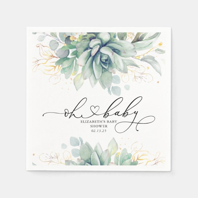 Oh Baby Succulents Guld Greenery Baby Shower Pappersservett (Framsidan)