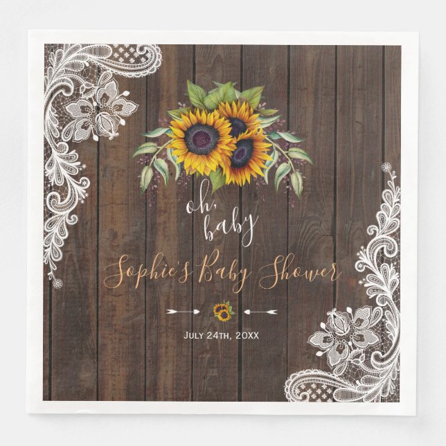 Oh BABY Sunblommor Bouquet Wood Snöre BABY SHOWER Pappersservett (Framsida)