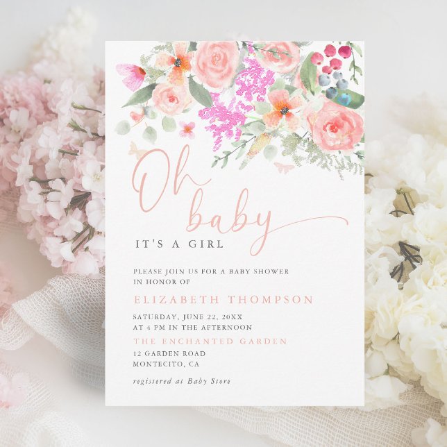 Oh Baby Sunny Garden Blommigt Girl Baby Shower Inbjudningar (oh baby girl shower invitation colorful floral elegant modern calligraphy garden party backyard chic)