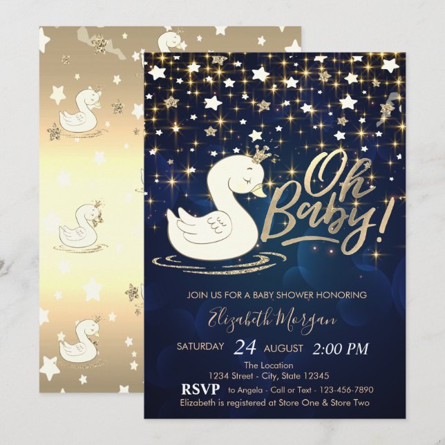 Oh Baby Svan Krona Guld Stars Baby Shower Inbjudningar (Fram/baksida)