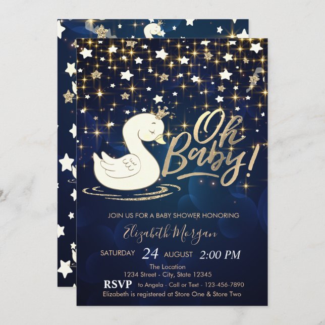 Oh Baby Svan Krona Stars Navy Blue Baby Shower Inbjudningar (Fram/baksida)