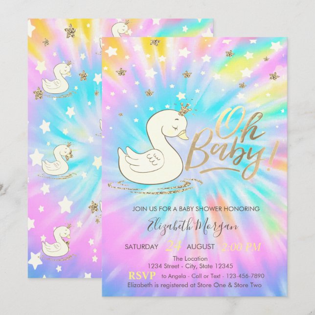 Oh Baby Svan Krona Stars Tie Dye Baby Shower Inbjudningar (Fram/baksida)