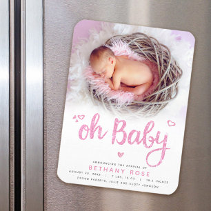 Oh Baby Sweet Chic Modern Rosa Girl Birth Photo Magnet